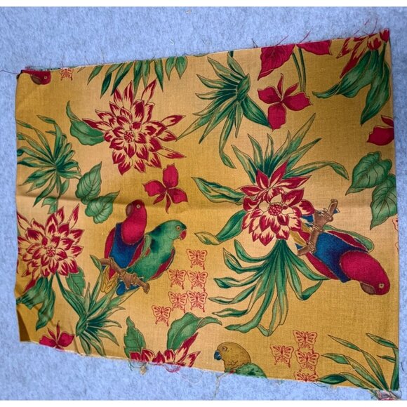 Tropical Parrot & Floral Print Cotton Fabric 1/4 yard x 44" Mustard Yellow - Picture 1 of 3